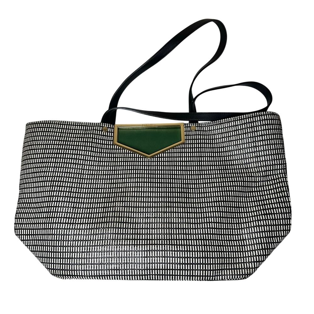 Calvin Klein Ashlynn Raffia Extra-Large Cut Out Hardware Tote Black White Green
